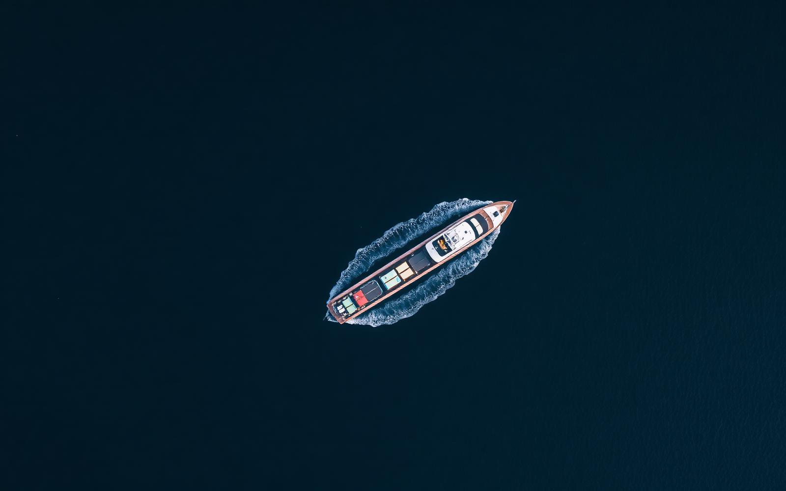 Aerial view of a vessel crossing deep Indian Ocean waters
